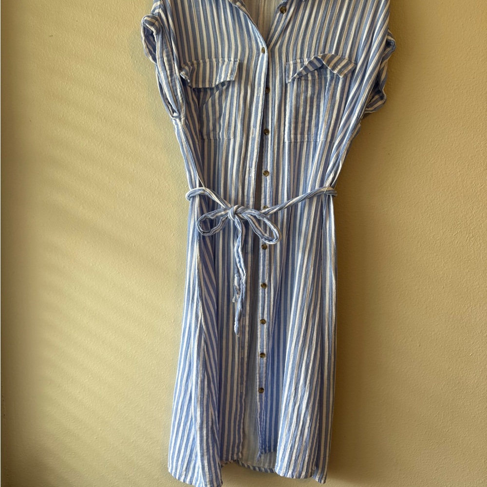 Blue and White Striped Shirt Dress